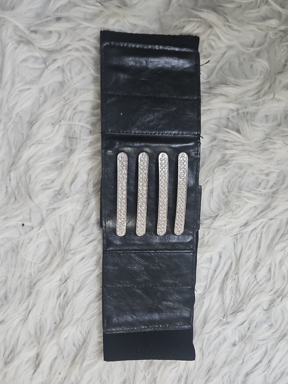 Black Women's Elastic Belt with Silver Rhinestone Accent